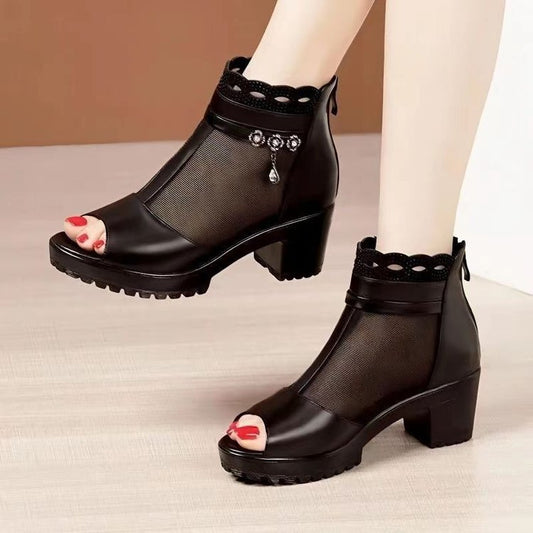 Sandalias de malla con boca de pez y tacón grueso